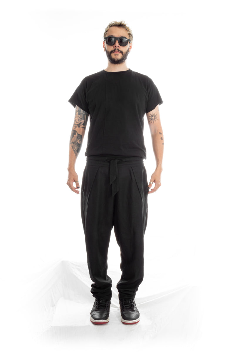 Black Linen-Cotton Samurai Pants