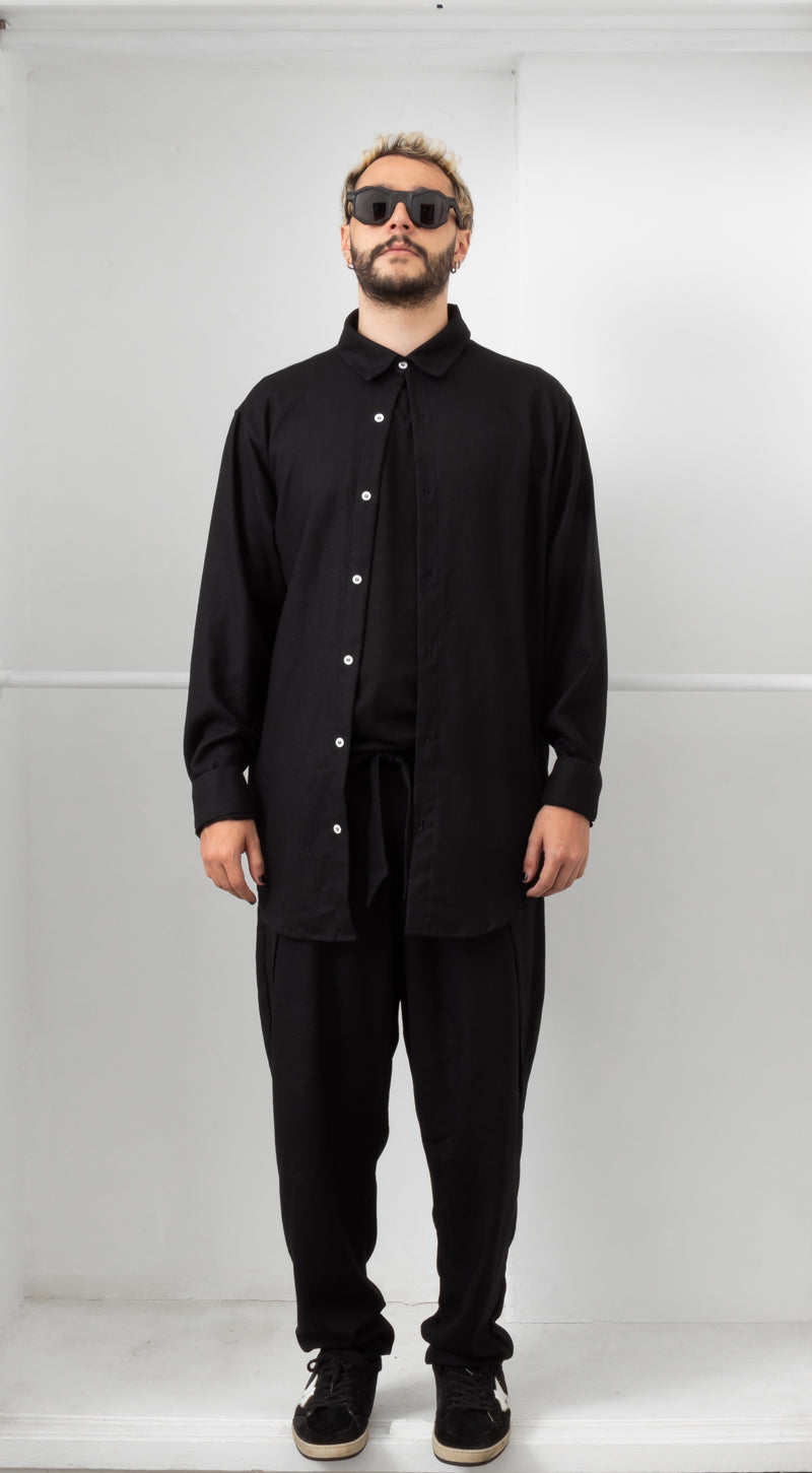 Black Linen-Cotton Long Sleeve Shirt