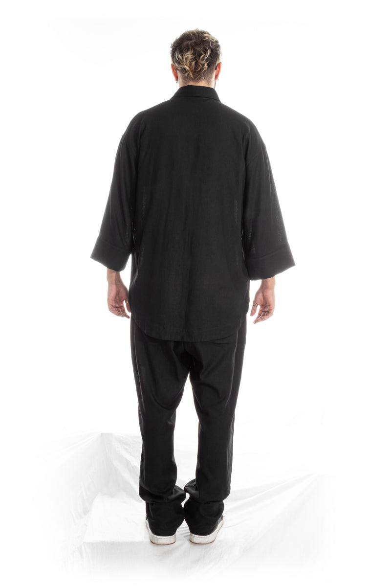 Black Linen-Cotton 3/4 Sleeve Shirt