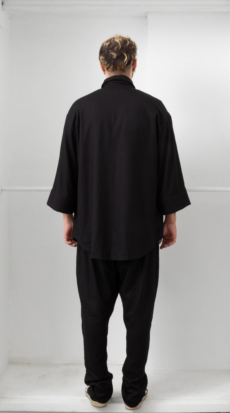 Black Linen-Cotton 3/4 Sleeve Shirt