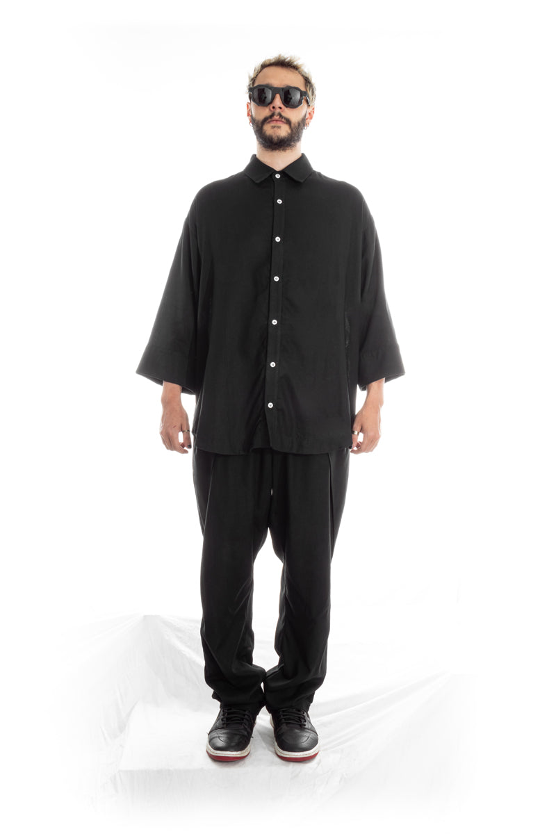 Black Linen-Cotton 3/4 Sleeve Shirt