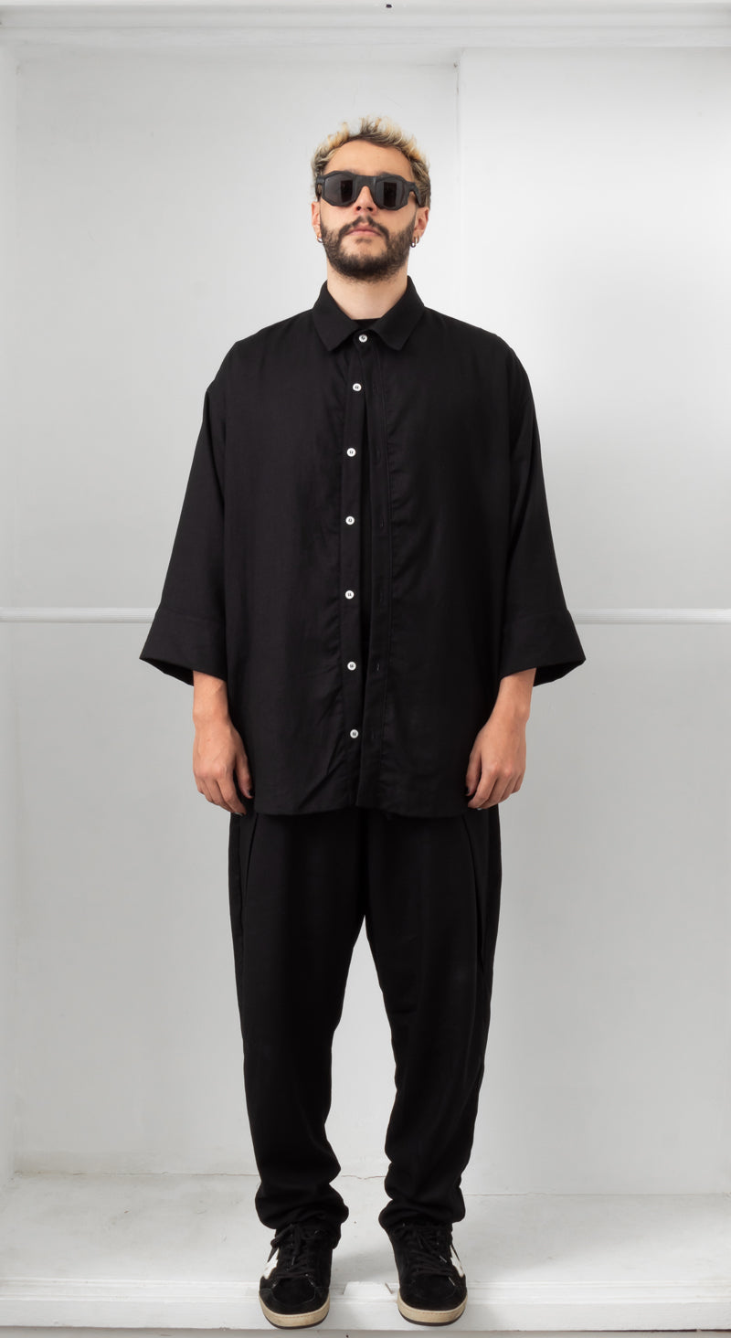 Black Linen-Cotton 3/4 Sleeve Shirt